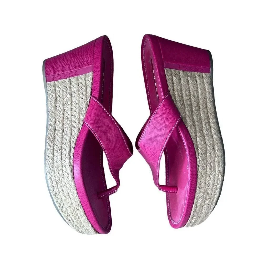 Y2K Prada Magenta Flip Flop Wedge Heels